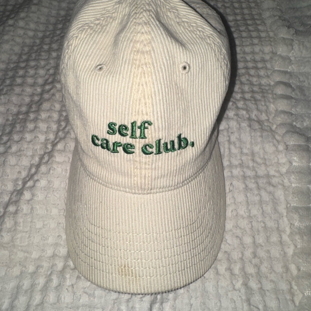 PacSun Cream Corduroy 'self care club.' Hat with Green Embroidery